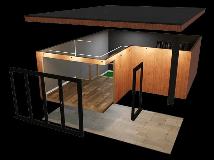 An exploded render of an L-shaped room: the roof lifted off and the glass doors pulled away to show the inside