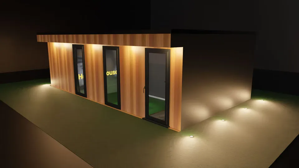 The Halfway House from its right-hand end, lights along its base