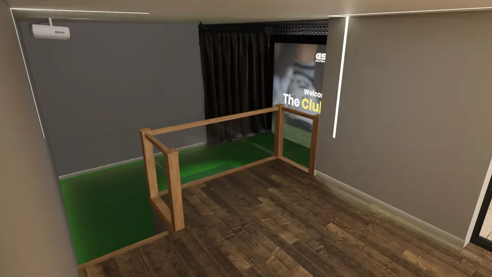The raised deck's balustrade, with the simulator screen beyond