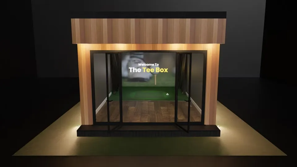 The Tee Box from the front, its doors open onto the simulator screen inside