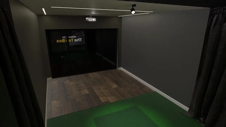 Inside The Tee Box from beside the screen, looking towards the doors