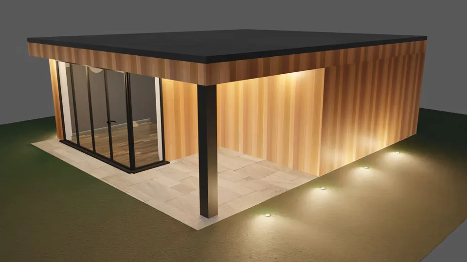 The Clubhouse from the right, its roof running out over the patio on a corner post
