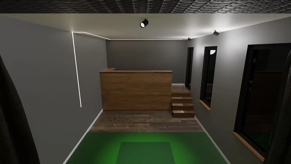 The raised platform at the far end, under a strip light that runs across the ceiling