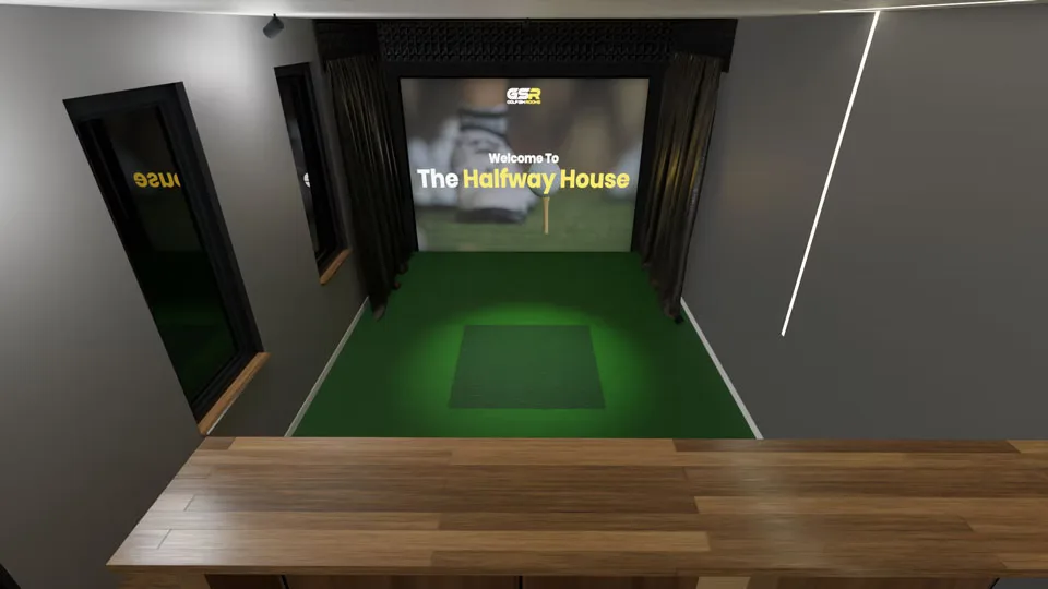 The simulator screen at the end of the room, seen from behind the bar counter