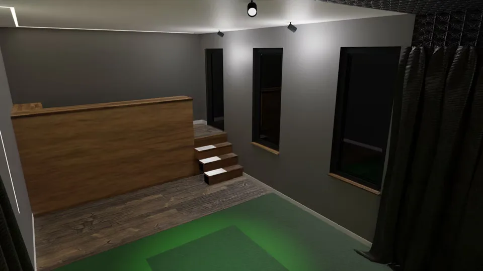 The raised wooden platform and its steps at the back of the room, seen from the hitting area
