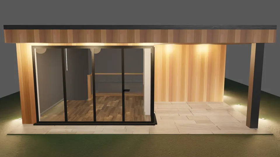 The Clubhouse from the front, its glass doors beside the covered patio