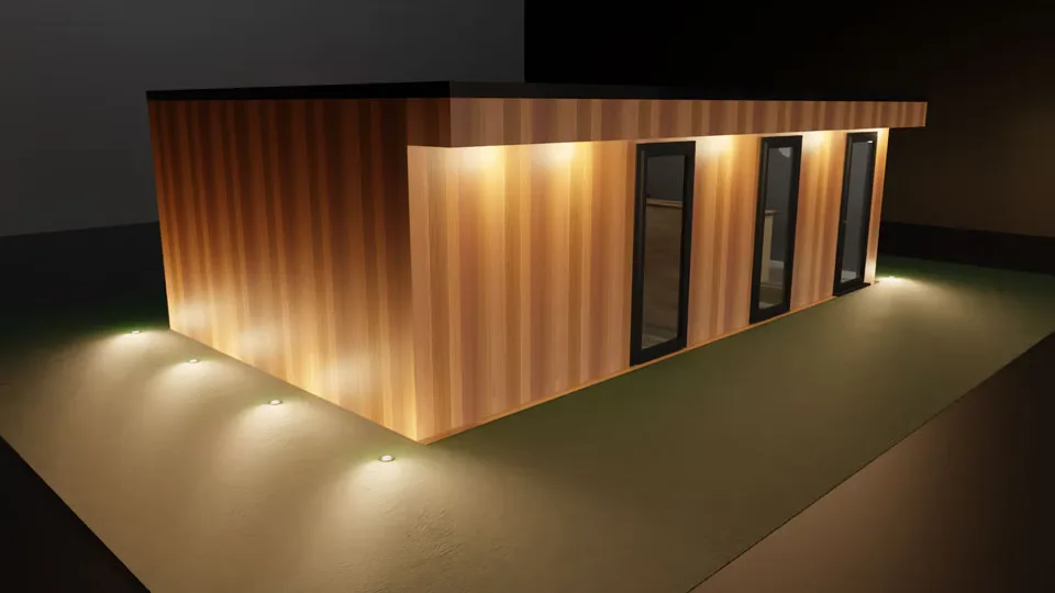 Render of The Halfway House from the front left: a long wood-clad room with three glass doors, lit along its base