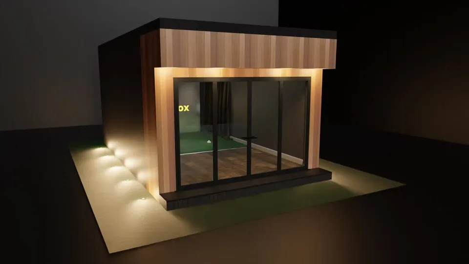 Render of The Tee Box from the front left: a wood-clad room with glass sliding doors, lit along its base