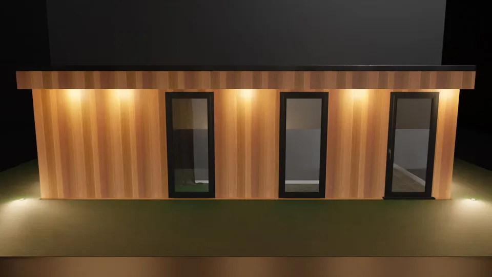 The Halfway House from the front, its three glass doors between wall lights