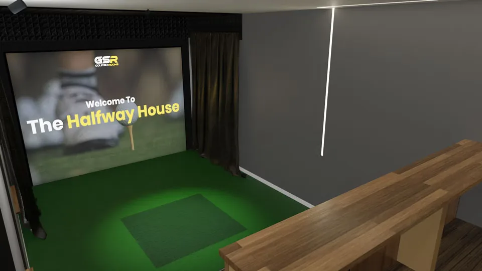Inside The Halfway House: the simulator screen and hitting mat, seen over the wooden bar counter