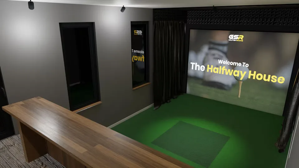The bar counter running alongside the hitting area, facing the simulator screen