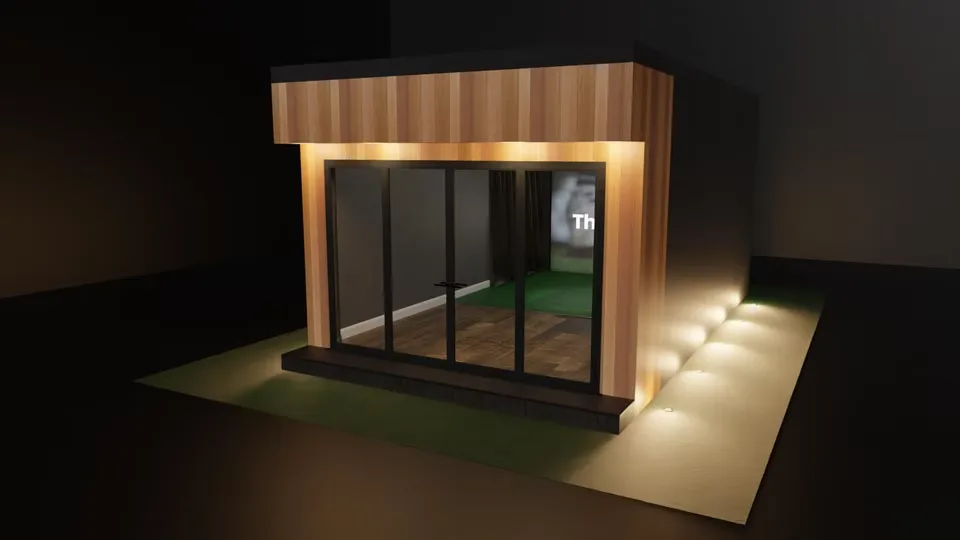 The Tee Box from the front right, lights along its base