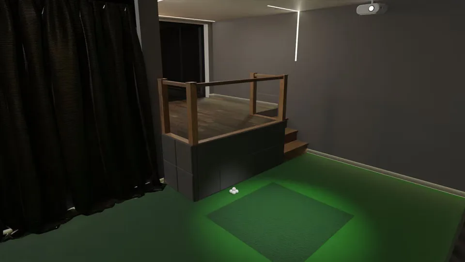The raised deck and its steps behind the hitting mat