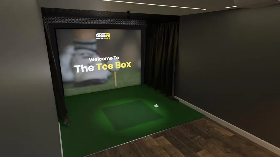 The Tee Box's simulator screen and hitting mat, seen from the side