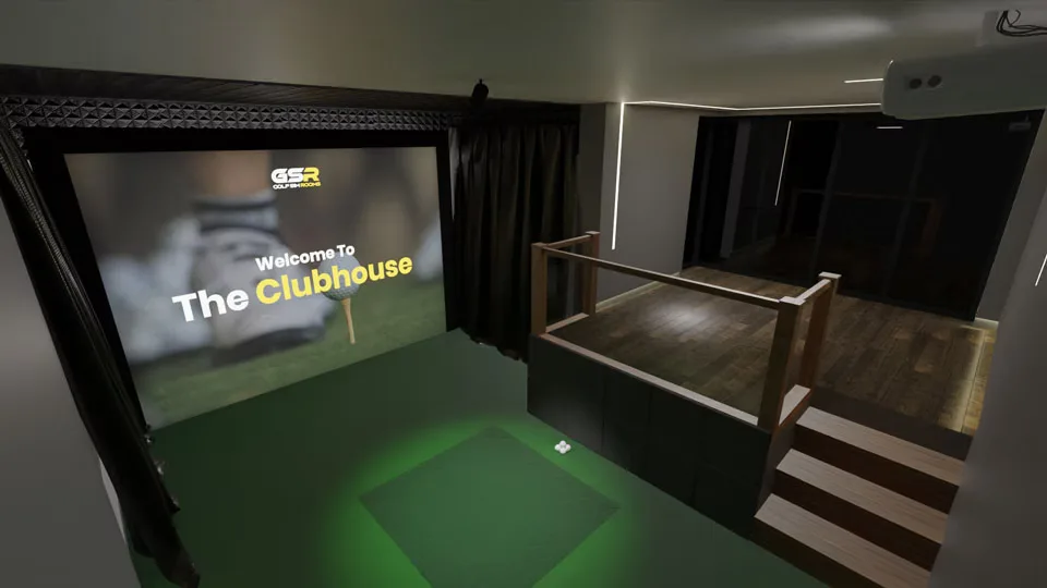 The simulator screen and hitting mat beside the raised deck and its steps