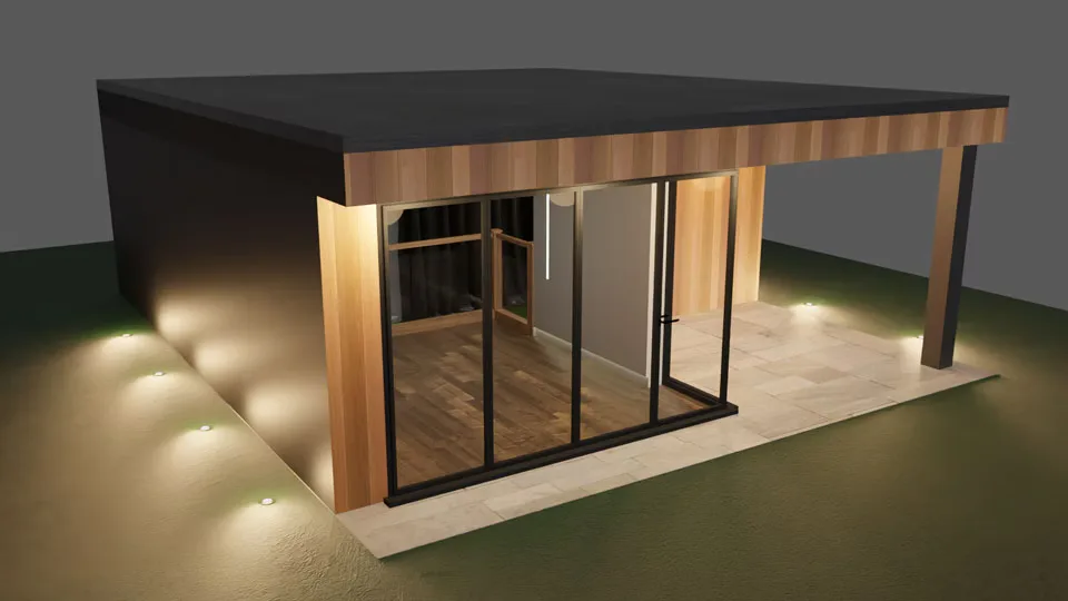 Render of The Clubhouse from the front left: an L-shaped wood-clad room with glass doors and a covered patio