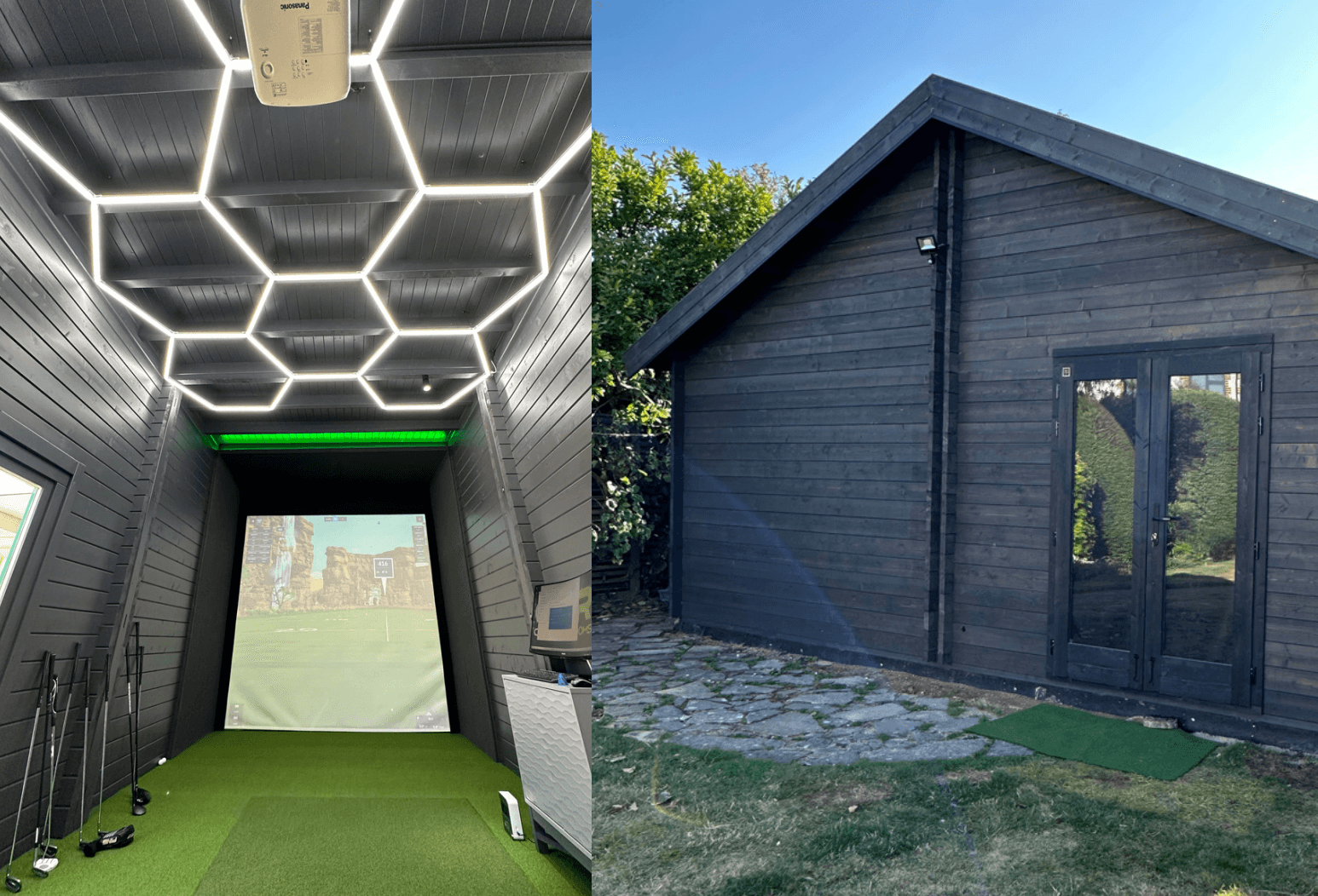 inside a golf log cabin and the outside